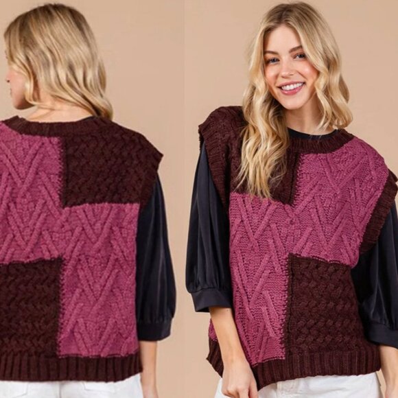 Casual Olive Color Block Cable-Knit Sweater Vest - Picture 3 of 6